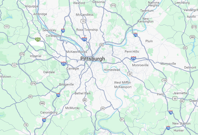 Map of Resnick Roofing & Contracting's Pittsburgh-area service territory